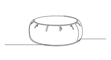 Minimalist Single Line Drawing of Round Pouf or Ottoman on White Background