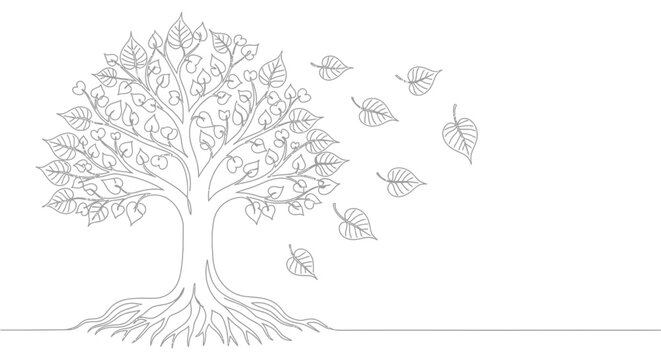 Stylized Tree with Falling Leaves, Line Art Illustration