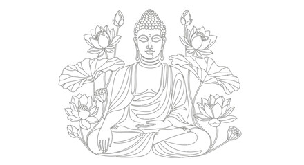 Obraz premium Buddha Meditating Surrounded by Lotus Flowers Line Art Illustration