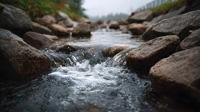 A shallow stream flows gently over smooth wet rocks in a natural misty environment