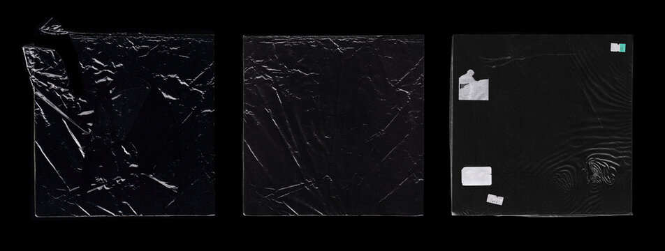 Polyethylene packaging for album cover, CD, vinyl. Different types of plastic packaging with a torn, wrinkled, worn effect. Polyethylene effect, square shape for overlay on album cover. Photo