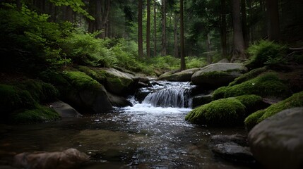 Obraz premium A serene forest stream with a small waterfall flowing over moss covered rocks illuminated by d d sunlight