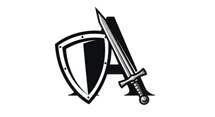 Obraz premium Shield and sword with letter a black and white emblem style