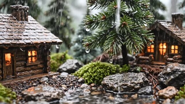 miniature mountain cabin scene during gentle forest rainfall, extreme macro close-up of a tiny wooden cabin surrounded by miniature pine trees inside