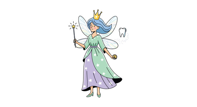A whimsical illustration depicts a fairy holding a wand and a tooth showcasing a charming silhouette high quality professional detailed modern