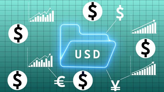 Digital financial data management concept featuring a bright neon blue folder labeled USD surrounded by currency symbols and ascending bar charts on a teal grid