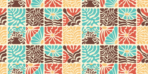 Seamless retro floral pattern with stylized flowers leaves and botanical shapes in teal red brown and yellow repeating decorative textile background © Mariana