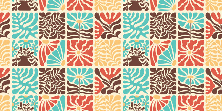 Seamless retro floral pattern with stylized flowers leaves and botanical shapes in teal red brown and yellow repeating decorative textile background