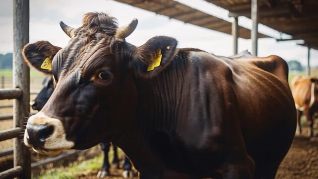 A serene cow grazes peacefully within a lush pasture enclosure of a sustainable dairy farm, basking in the warm, fading light of dusk, exemplifying harmonious livestock farming and nature's symbiosis