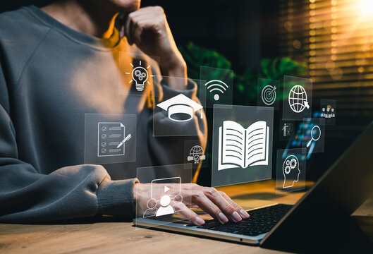 Online education concept. student using laptop with digital learning icons representing e learning platform, knowledge development, distance training, virtual classroom and modern education technology