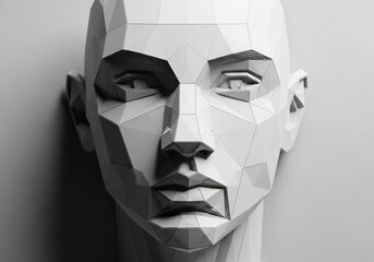 A geometric sculpture of a human face on a gray background