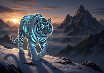 A blue tiger on a snowy mountain peak at sunset