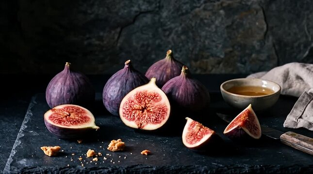 Gourmet ripe figs sliced and whole with honey on slate food photography setup figs sliced figs, whole figs.