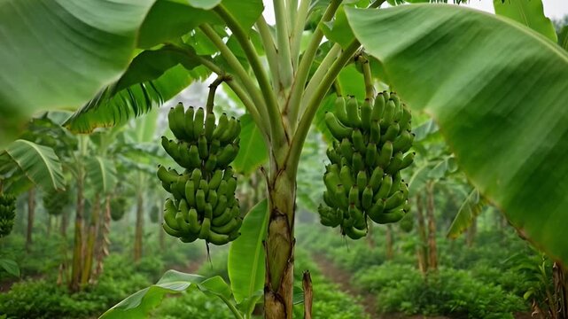 Green banana plant with ripe fruit and large leaves under sunlight