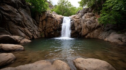A picturesque natural waterfall cascades into a clear pool surrounded by rocks and lush greenery