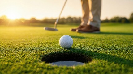 Close-up of golf ball by the cup at sunset
