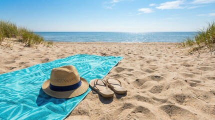 Coastal Vacation Scene with Towel, Hat, and Footwear