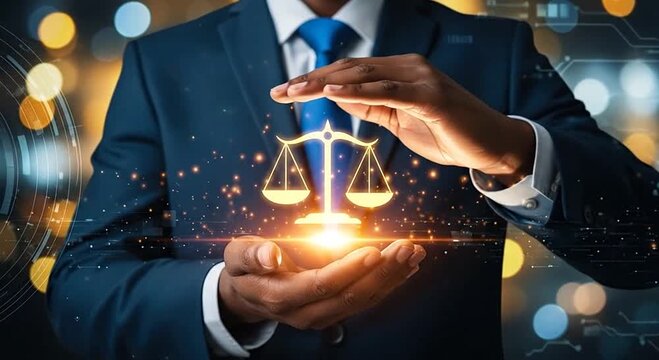 Person in suit holds glowing scales of justice amidst digital circuit patterns and bokeh