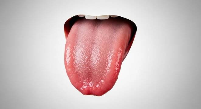 A close-up view capturing the muscular organ protruding from the mouth, showing texture and moisture, isolated against a plain background, anatomy, moist, hungry