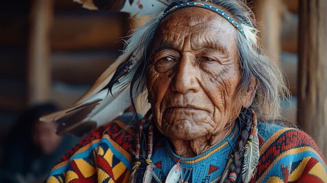 An elderly Indigenous man sits serenely, clad in vibrant, intricately patterned traditional attire, symbolizing the rich culture and heritage of his native tribe and community