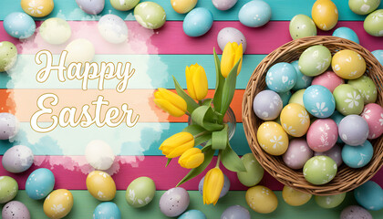Happy Easter Pastel Eggs In Basket With Yellow Tulips On Colorful Wooden Planks