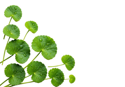 Fresh, dewy, vibrant Gotu Kola leaves with water droplets on a transparent background with copy space, symbolizing natural healing and well-being