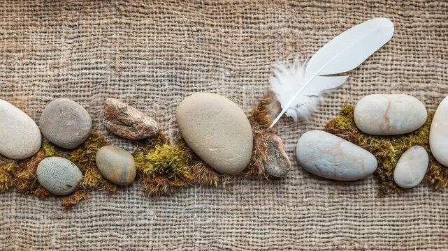 Stones and feathers composition on burlap surface decorative arrangement