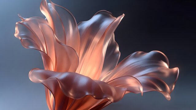 Glowing translucent flower against dark moody background. Luxury nighttime floral art and dramatic lighting. Shimmering rose gold petals in a dark space