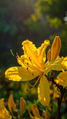 Bright yellow azalea blossom detailed with stamen, set against a blurred bokeh of greenery in the sunshine