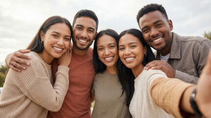 Friends leaning in for a selfie with blurred outdoor background