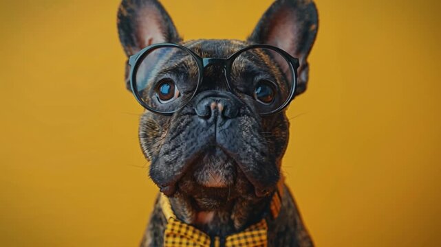 Charming French Bulldog dons oversized glasses dapper bowtie, showcasing its lively personality vibrantly against bright yellow studio backdrop, capturing adorable and playful nature of beloved pet
