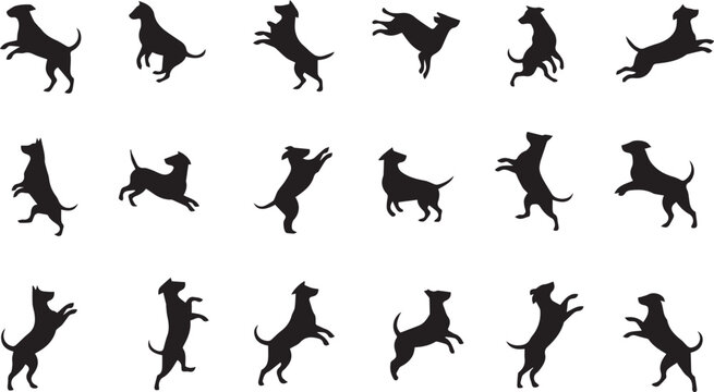 Dog silhouette set vector illustration, jumping running playful dog poses collection, black animal shapes, pet action icons, isolated white background, minimal design style