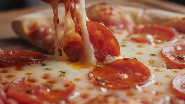 Delicious close-up of a freshly baked pepperoni pizza with melted cheese being pulled away in strings, showcasing the savory toppings and crispy crust in a tempting food shot.