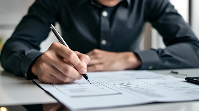 Close-Up of Hand Writing on Document with Pen in Office Setting