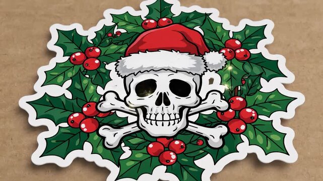 a skull wearing a Santa hat. The skull is surrounded by holly leaves and red berries, creating a holiday-themed design.