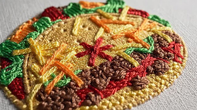a detailed embroidery of a taco, depicting vibrant colors and textures. The taco features various toppings, showcasing the artistry of embroidery techniques.