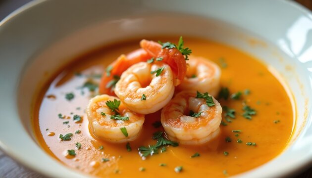 Creamy shrimp bisque with tomato and parsley garnish in white bowl. Rich seafood soup served hot. Delicious creamy crab and shrimp bisque perfect for dinner.