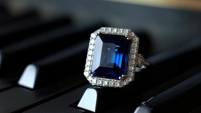 Elegant Blue Gemstone Ring on a Black Piano Keyboard with Intricate Design Details and Sparkling Accents