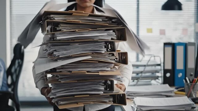 A woman in an office carries a large stack of documents. The woman is surrounded by files, papers, and office supplies in a busy work environment.