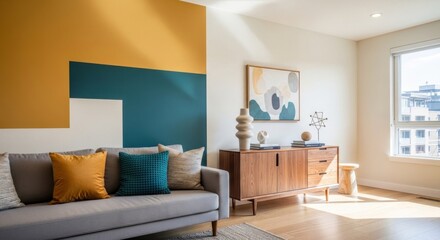Fototapeta premium Modern living room interior design colorful walls and furniture