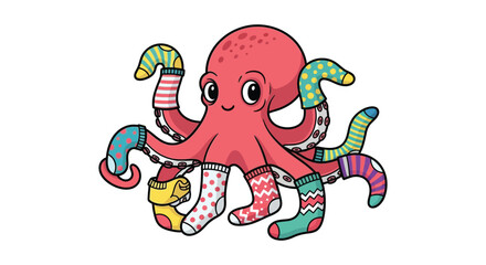 A whimsical cartoon octopus playfully sporting mismatched colorful socks creating a cheerful illustration silhouette high quality professional detailed modern elegant stylish © GDSneha02