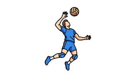 Obraz premium Illustration of a person in athletic attire, jumping to hit a volleyball. The ball is in mid-air above the figure's outstretched hand