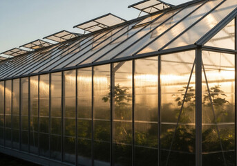 A greenhouse with a glass roof and walls at sunset with plants inside