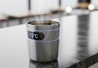 Smart temperature controlled stainless steel coffee mug on a black marble countertop