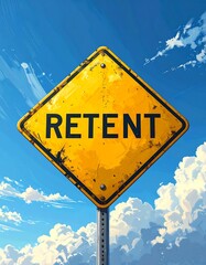 Bright yellow diamond sign with "RETENT" text against a cloudy blue sky background