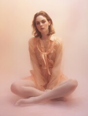 Obraz premium Peach split in half, centered composition, model in pastel peach tights, soft haze lighting, refined sensual fashion aesthetic