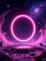 Futuristic Pink Neon Ring Podium in Space with Glowing Nebula Background