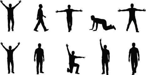 Collection of black human silhouettes in various poses isolated on white background, man standing, walking, jumping, kneeling and stretching vector illustration set