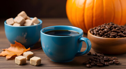 A Cozy Autumn Morning Coffee Scene with Pumpkin and Beans.