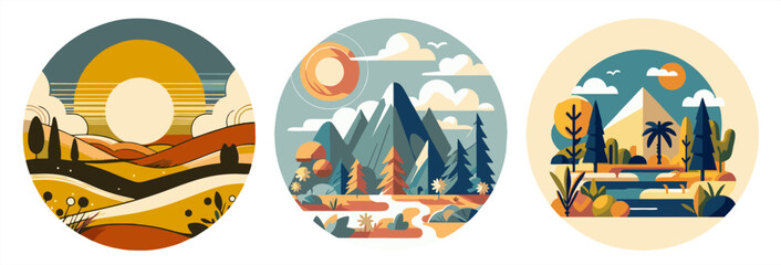 Set of three circular landscape illustrations. Modern flat vector of mountains, valleys, and forests in badge style © hadi